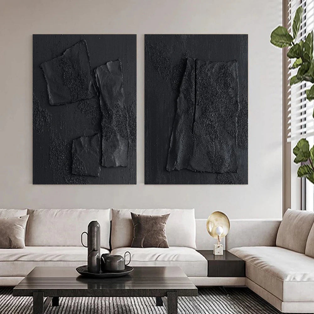 Black Minimalist Textured Canvas Art Set of 2 #WZ037