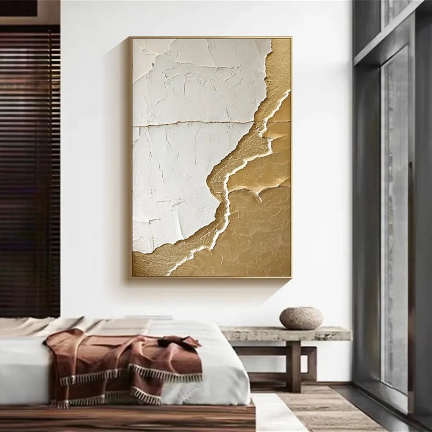 White and Gold Minimalist Textured Wall Art #WM052