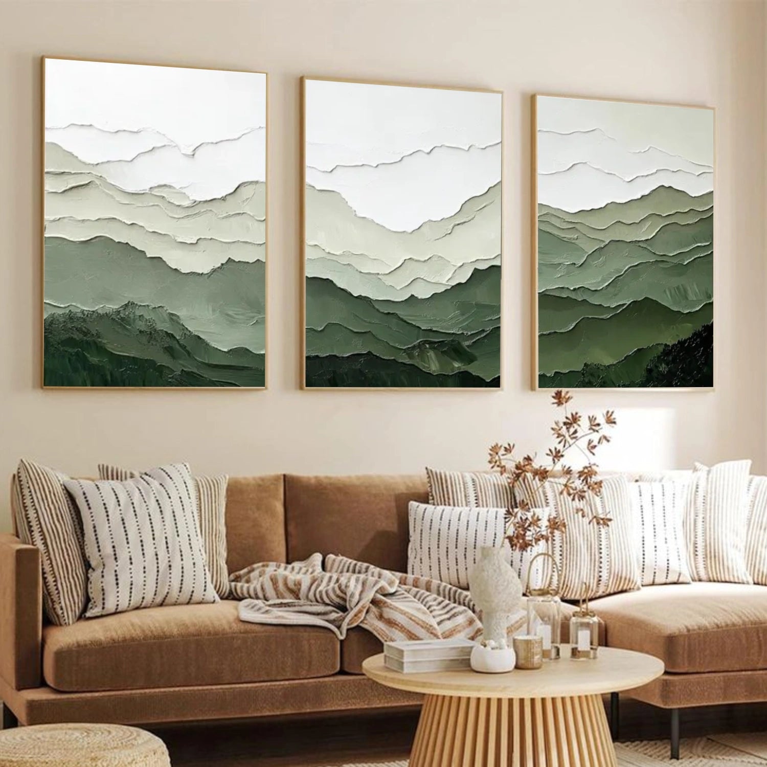 Green Minimalist Mountain Textured Canvas Art Set of 3 #BT074