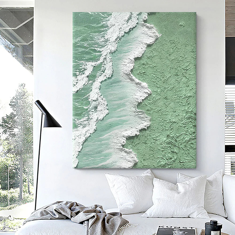 Green & White Minimalist Ocean And Sky Textured Canvas Art #OC033