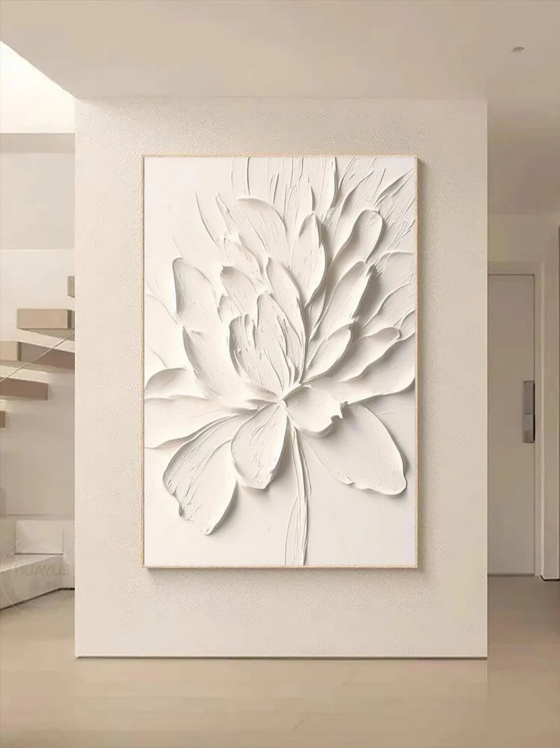 White Minimalist Flower And Tree Textured Canvas Art #MF022