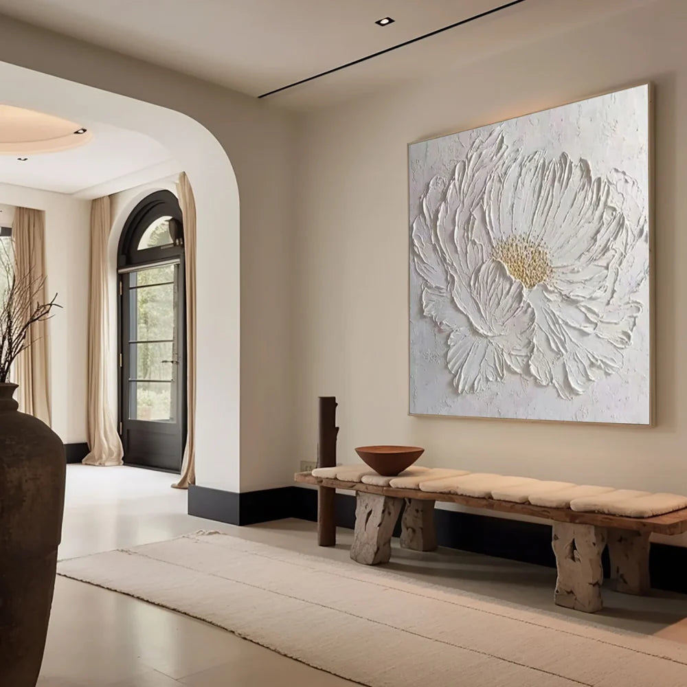 White Minimalist Flower And Tree Textured Canvas Art #MF074