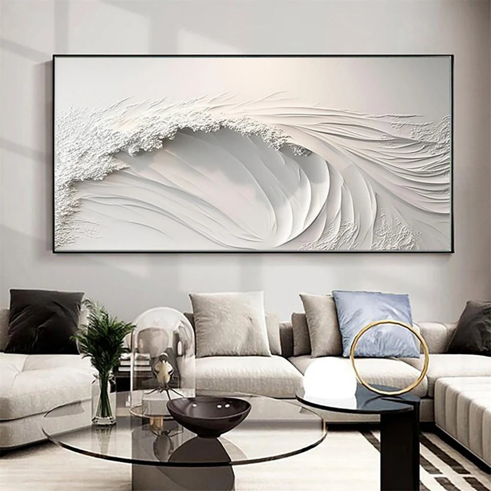 White Minimalist Ocean And Sky Textured Canvas Art #OC007