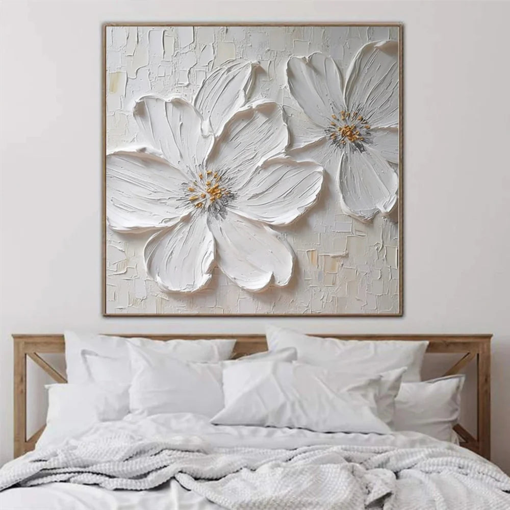 White Minimalist Flower And Tree Textured Canvas Art #MF072