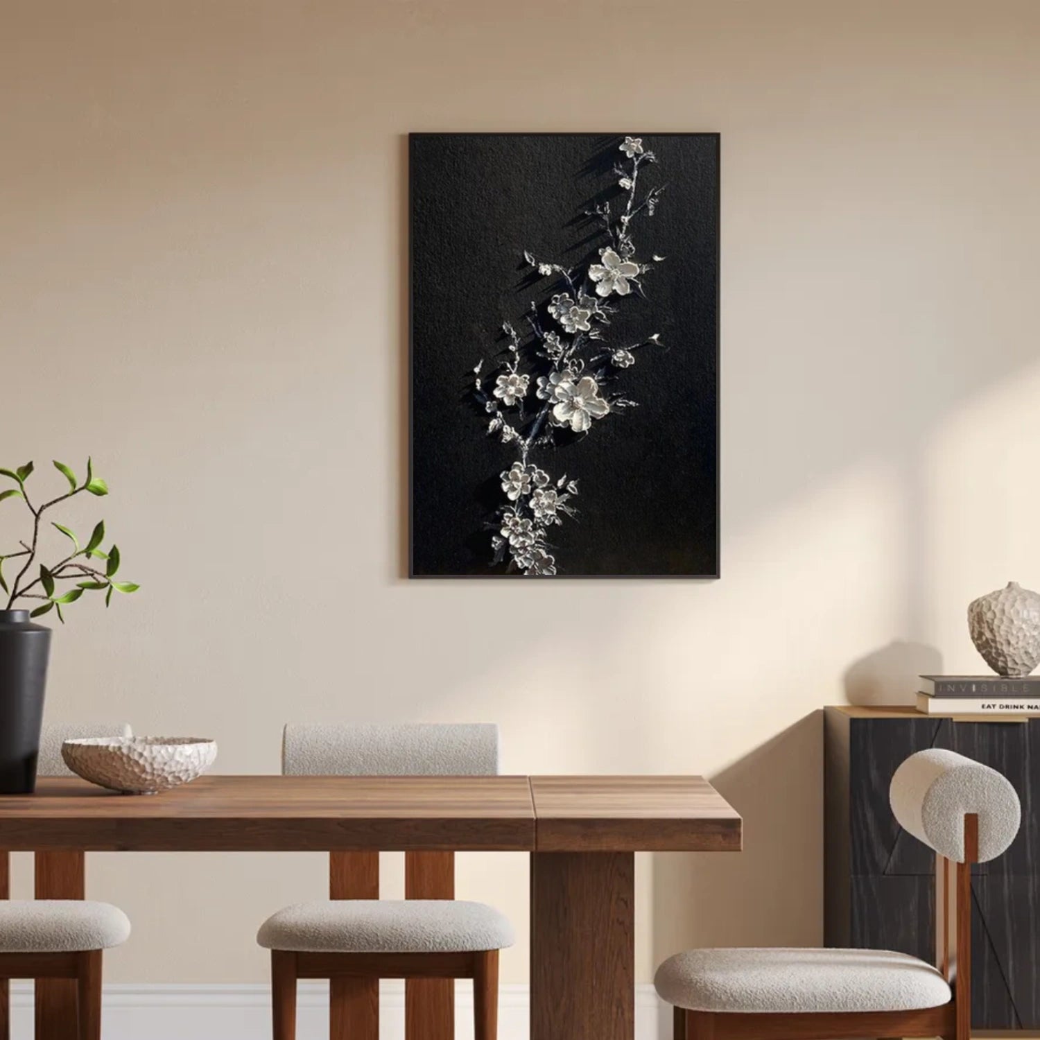 Black & White Minimalist Flower And Tree Textured Canvas Art #MF078