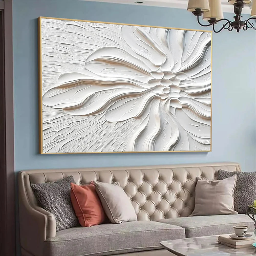 White Minimalist Flower And Tree Textured Canvas Art #MF020