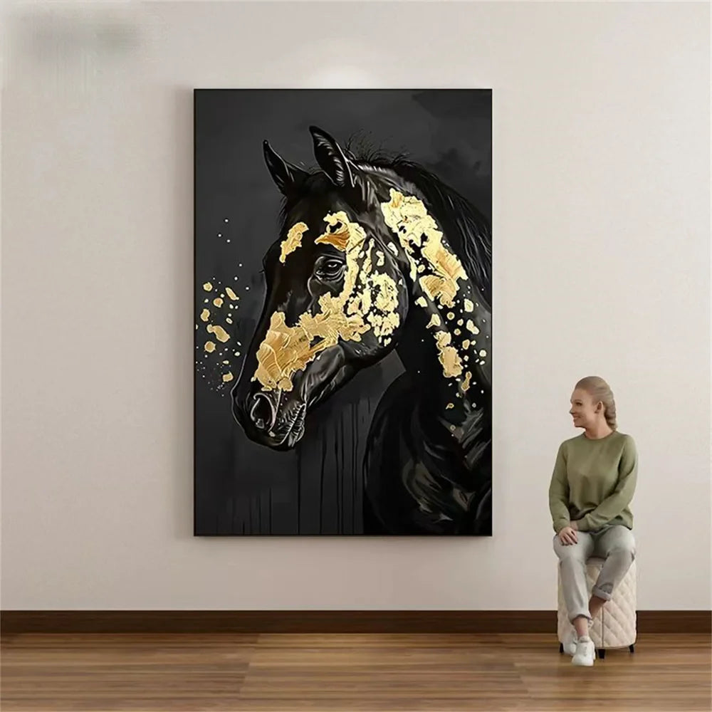 Black & Gold Abstract Animal Horse Canvas Art #DW059