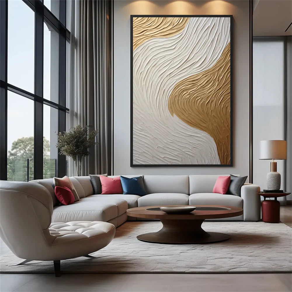 White and Gold Minimalist Textured Wall Art #WM053