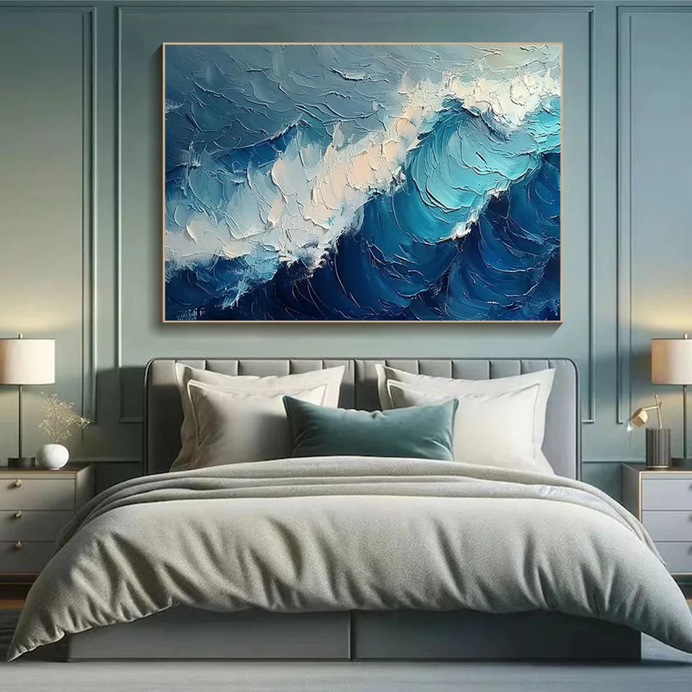 Blue & White Abstract Ocean And Sky Textured Canvas Art #OC072