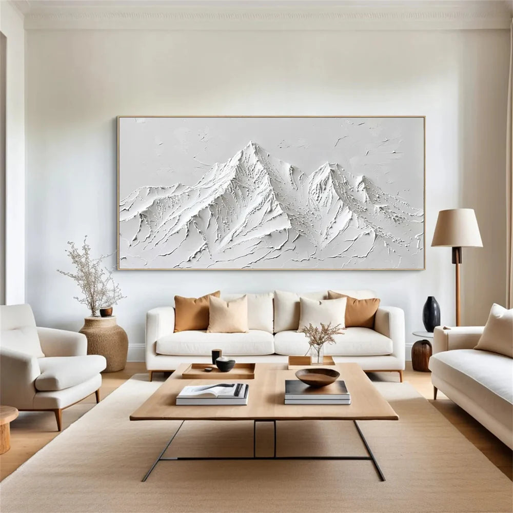 White Minimalist Mountain Textured Canvas Art #BT023
