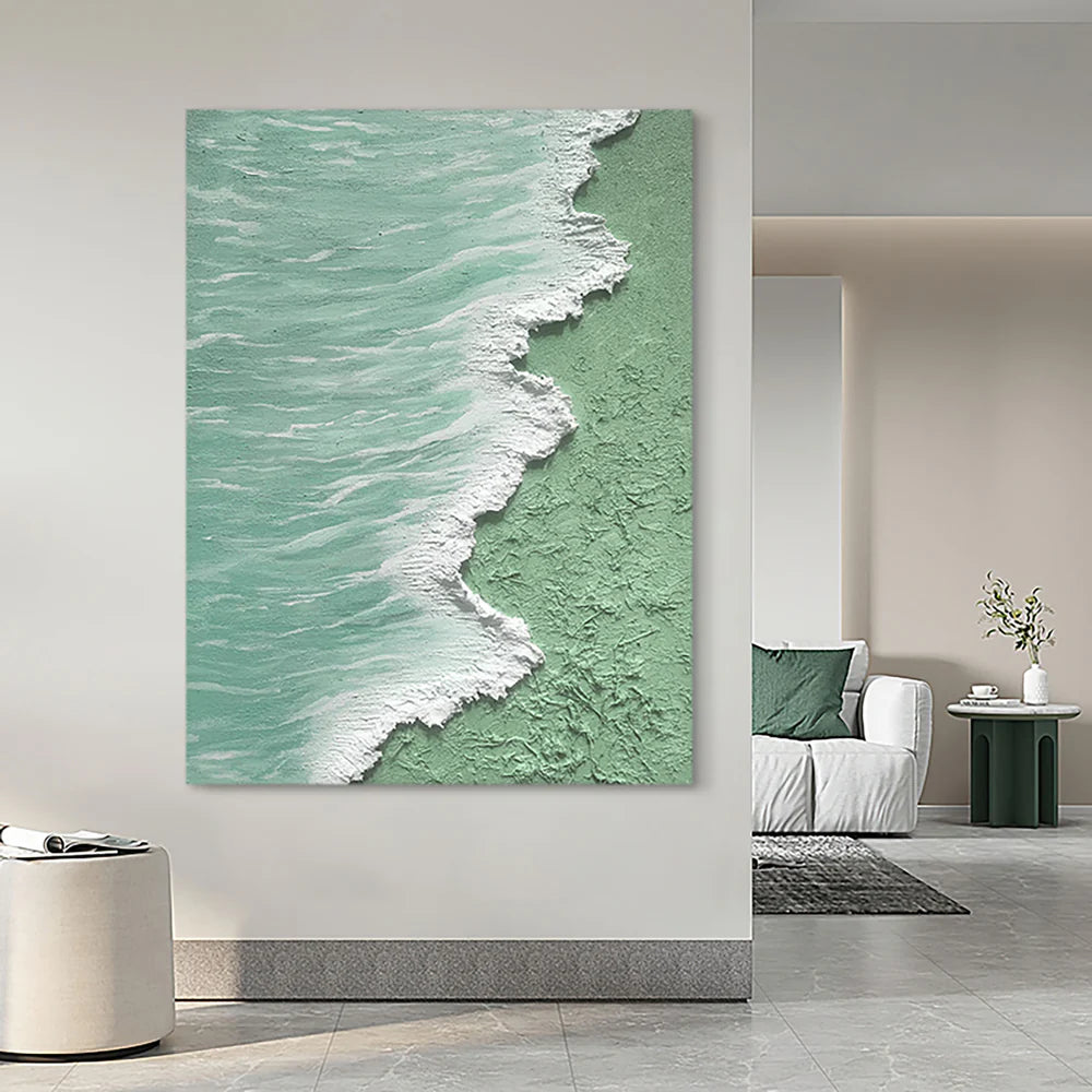 Green & White Minimalist Ocean And Sky Textured Canvas Art #OC044