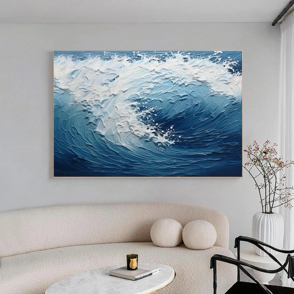 White & Blue Minimalist Ocean And Sky Textured Canvas Art #OC051