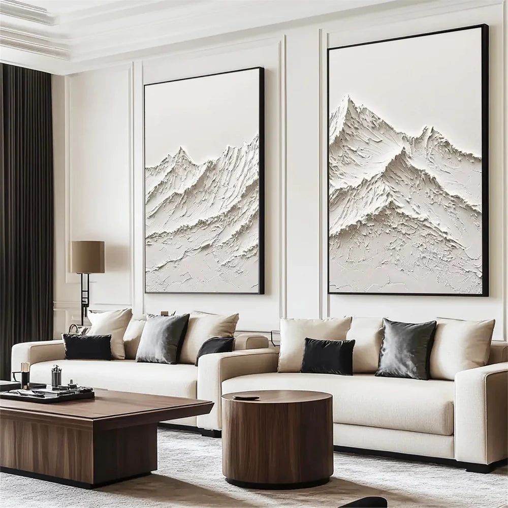 White Minimalist Mountain Textured Canvas Art Set of 2 #BT007