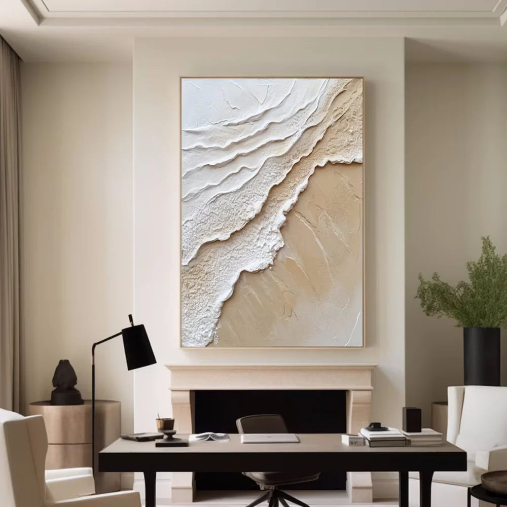 Brown & White Minimalist Ocean And Sky Textured Canvas Art #OC042