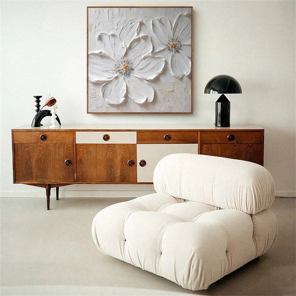White Minimalist Flower And Tree Textured Canvas Art #MF072
