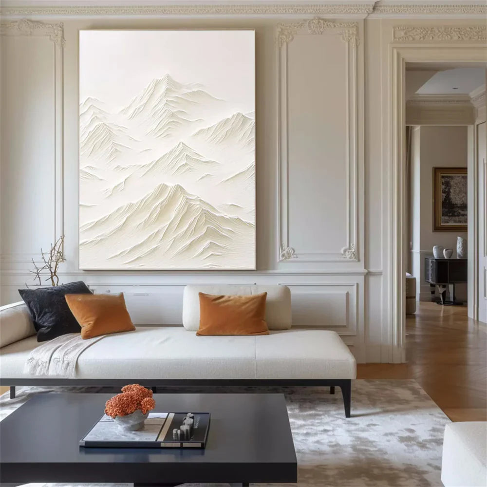 White Minimalist Mountain Textured Canvas Art #BT002
