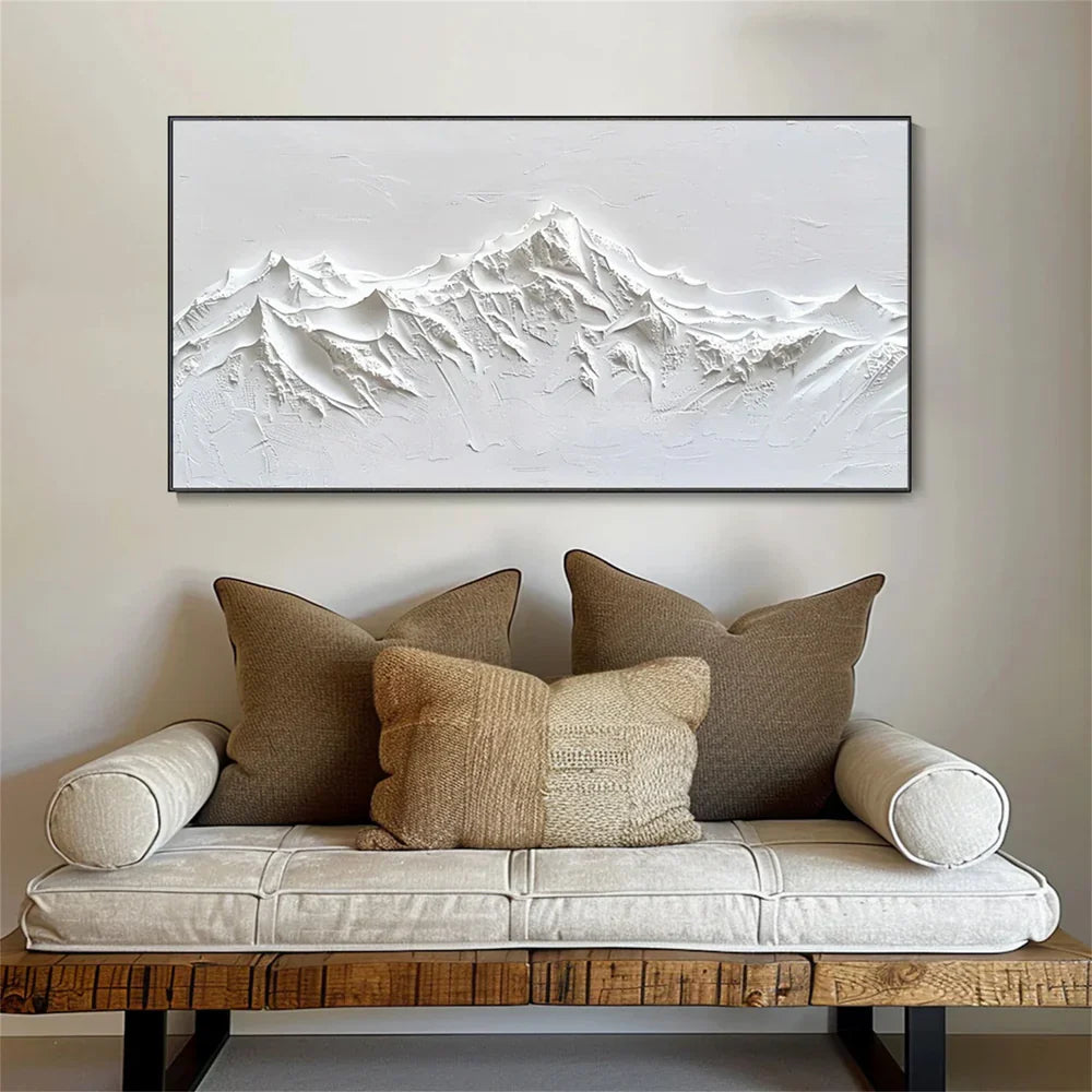 White Minimalist Mountain Textured Canvas Art #BT011