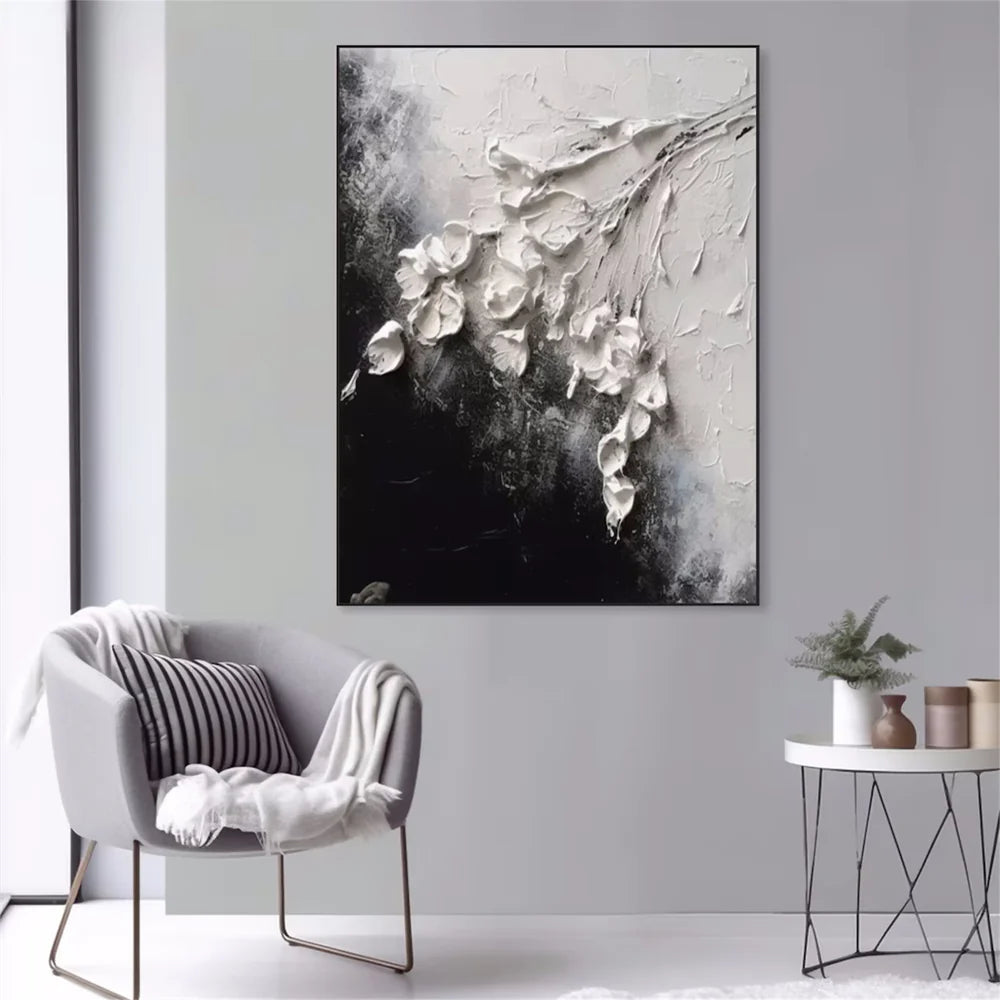 Black & White Minimalist Flower And Tree Textured Canvas Art #MF071