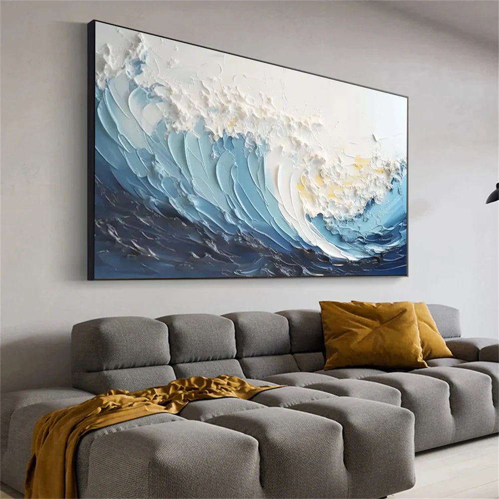 Blue & White Minimalist Ocean And Sky Textured Canvas Art # OC019