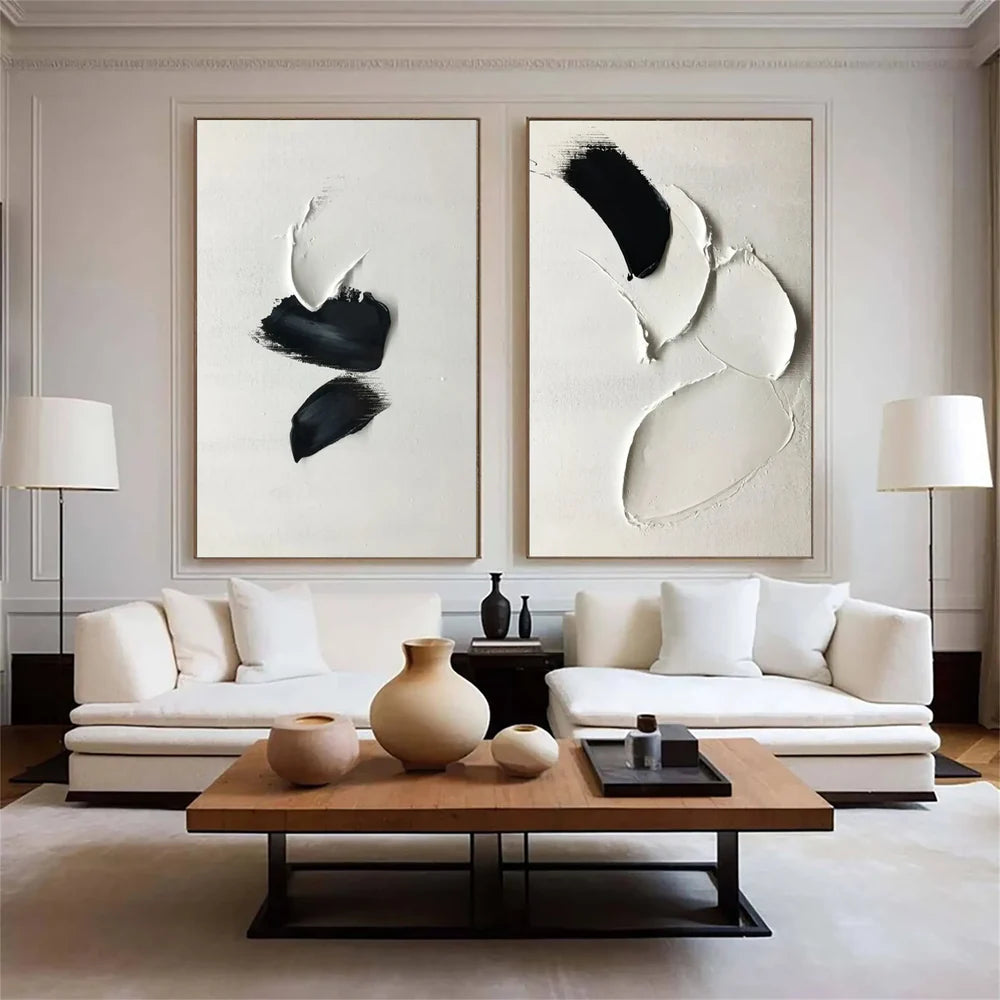 Black and White Minimalist Textured Canvas Art Set of 2 #WZ009