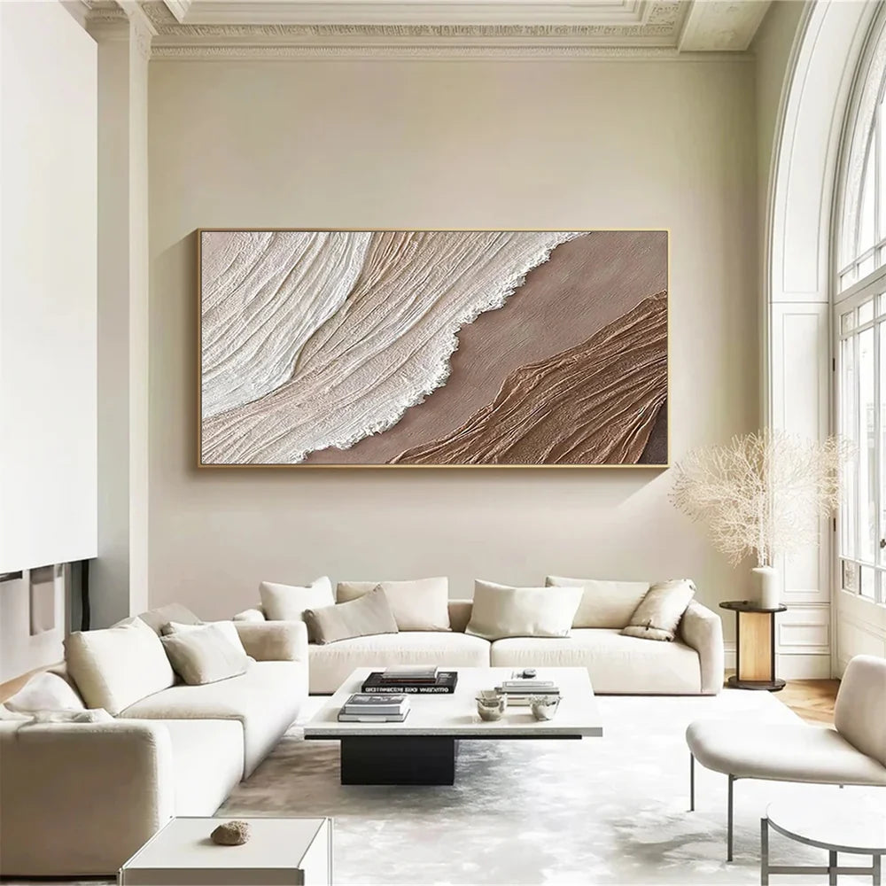 Beige & Brown Minimalist Ocean And Sky Textured Canvas Art #OC026