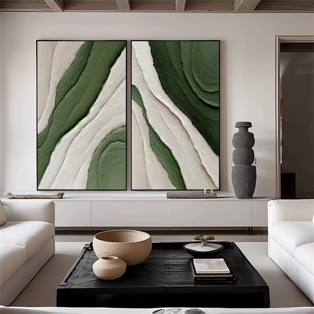 Green and White Minimalist Textured Wall Art Set of 2 #WM036