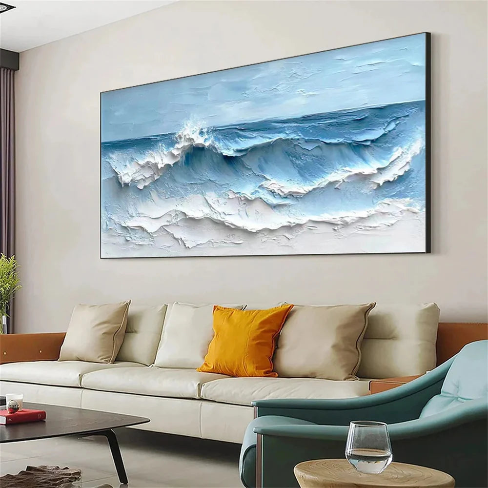 Blue & White Minimalist Ocean And Sky Textured Canvas Art # OC018