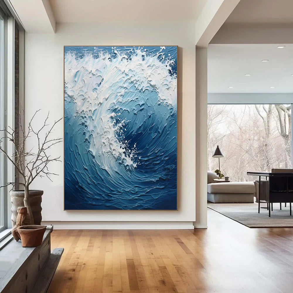White & Blue Minimalist Ocean And Sky Textured Canvas Art #OC052