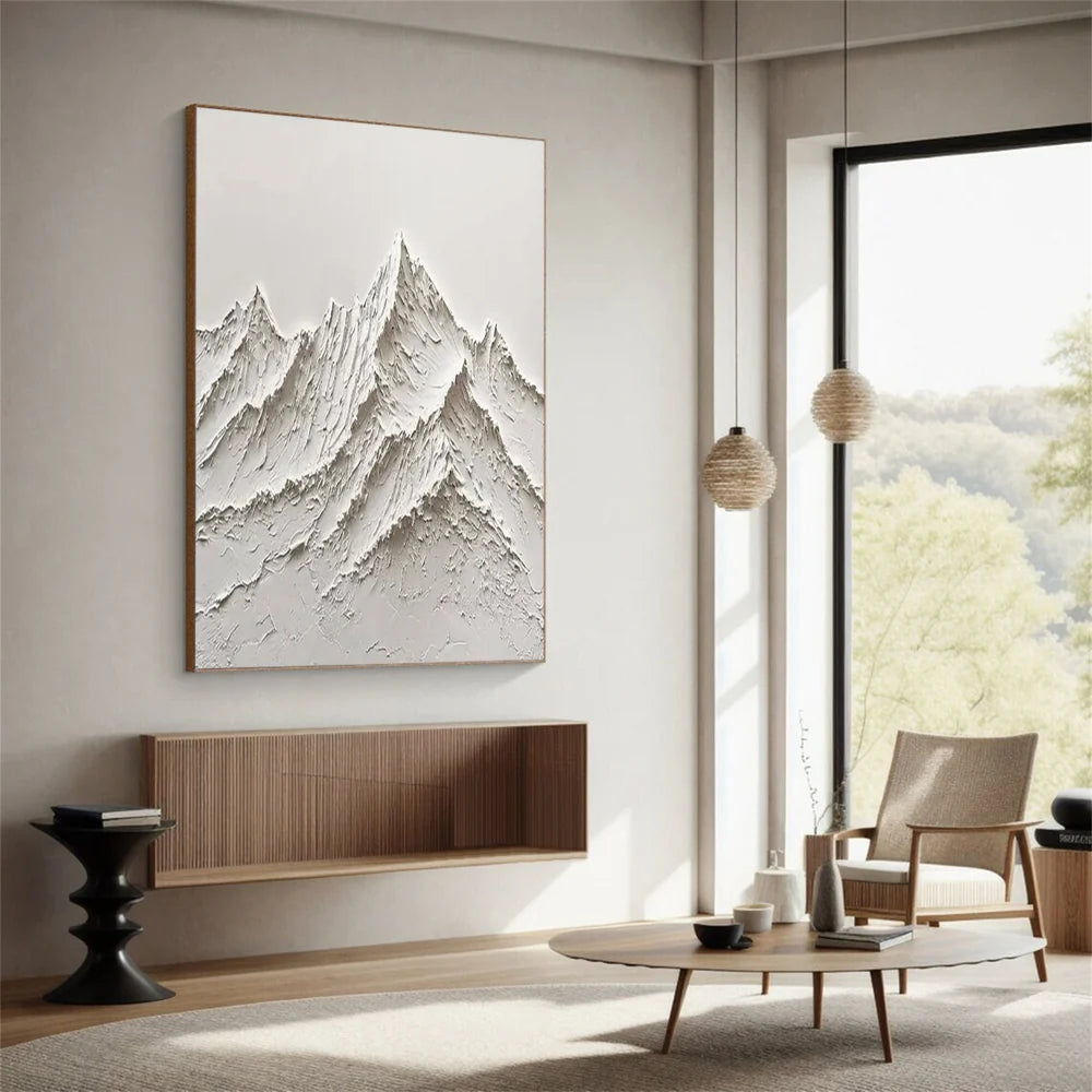 White Minimalist Mountain Textured Canvas Art #BT003