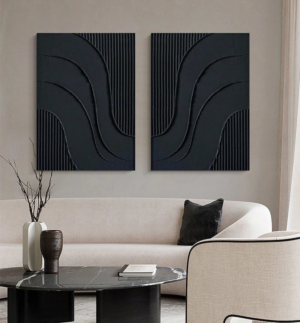 Black Minimalist Textured Canvas Art Set of 2 #WZ002