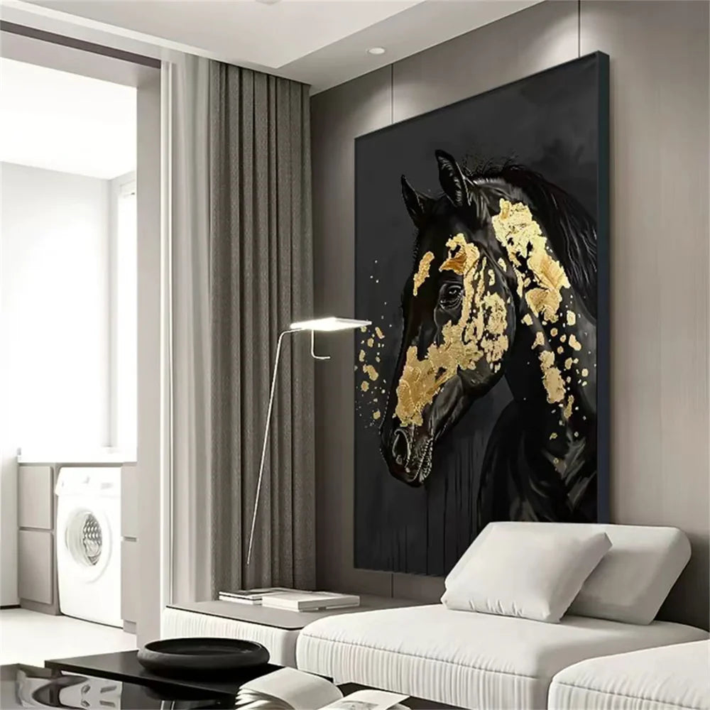 Black & Gold Abstract Animal Horse Canvas Art #DW059