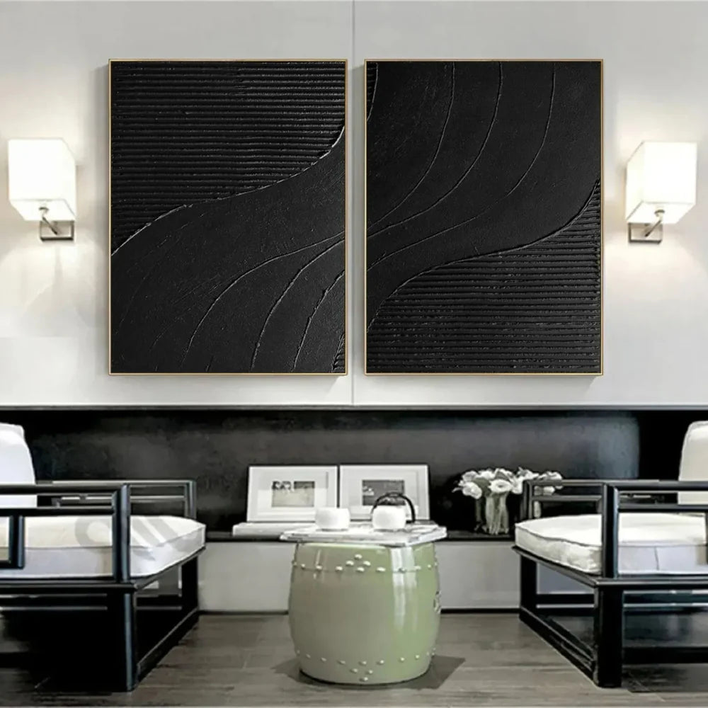 Black Minimalist Textured Canvas Art Set of 2 #WZ078