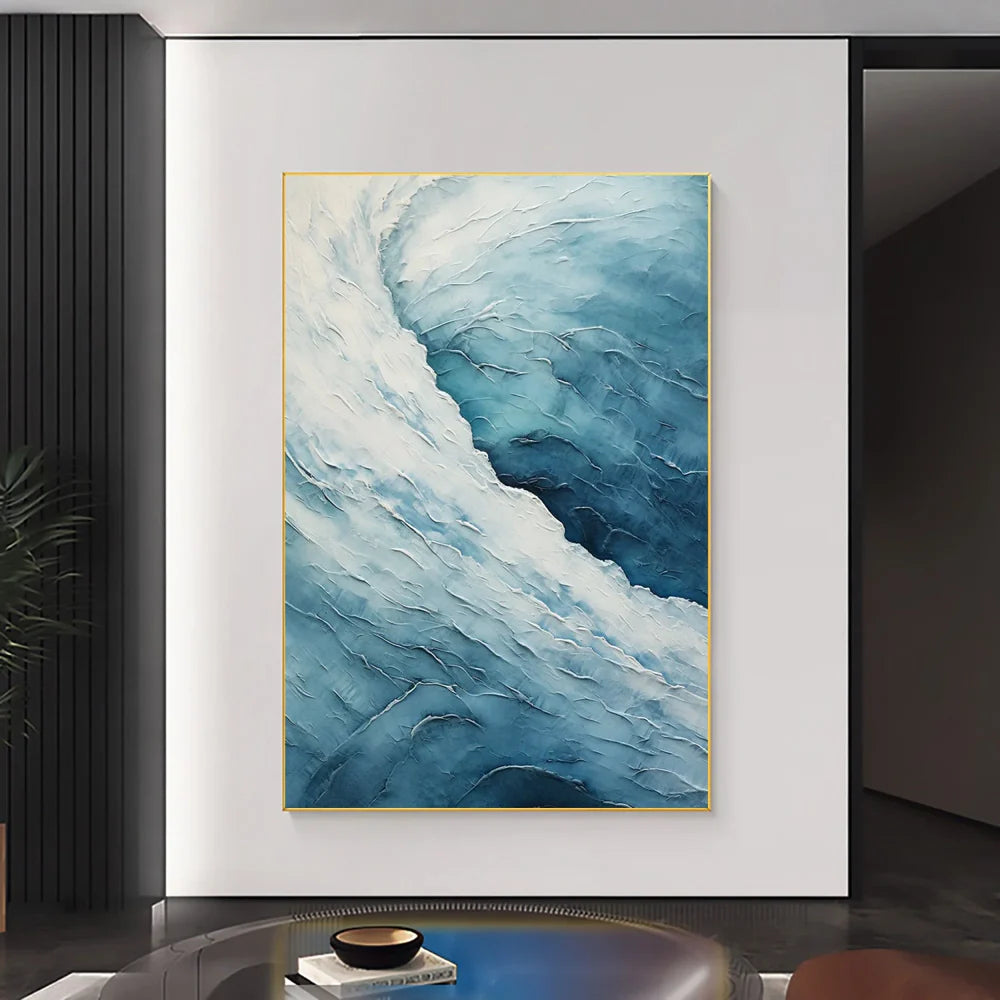 White & Blue Minimalist Ocean And Sky Textured Canvas Art #OC054