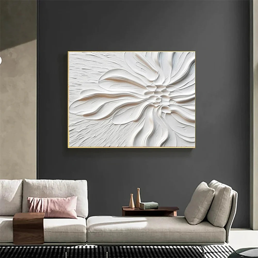 White Minimalist Flower And Tree Textured Canvas Art #MF020
