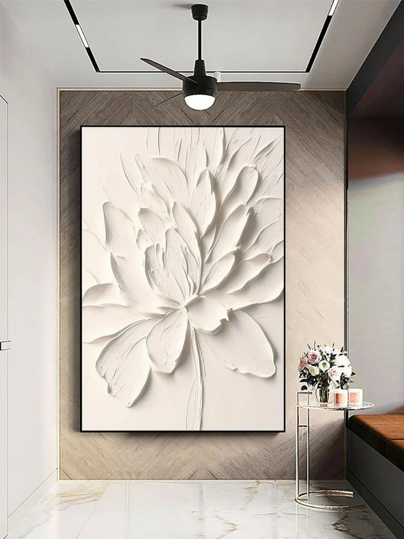 White Minimalist Flower And Tree Textured Canvas Art #MF022