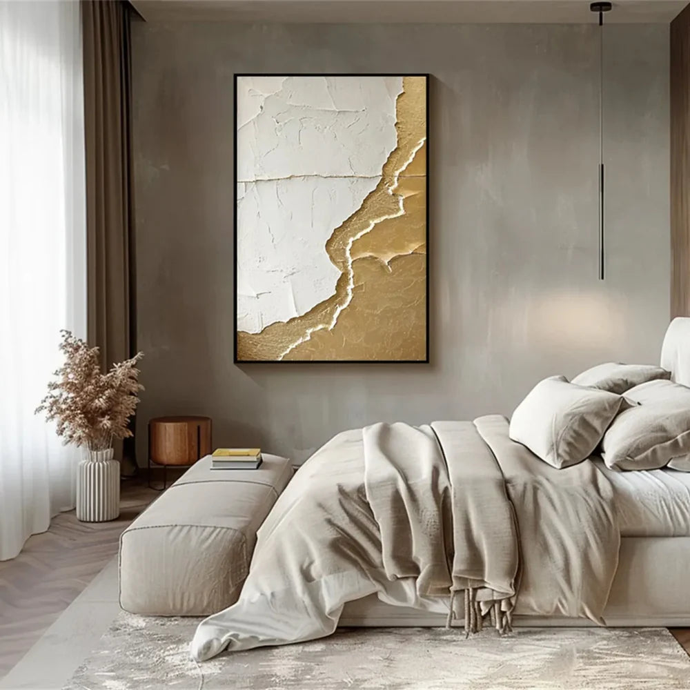 White and Gold Minimalist Textured Wall Art #WM052