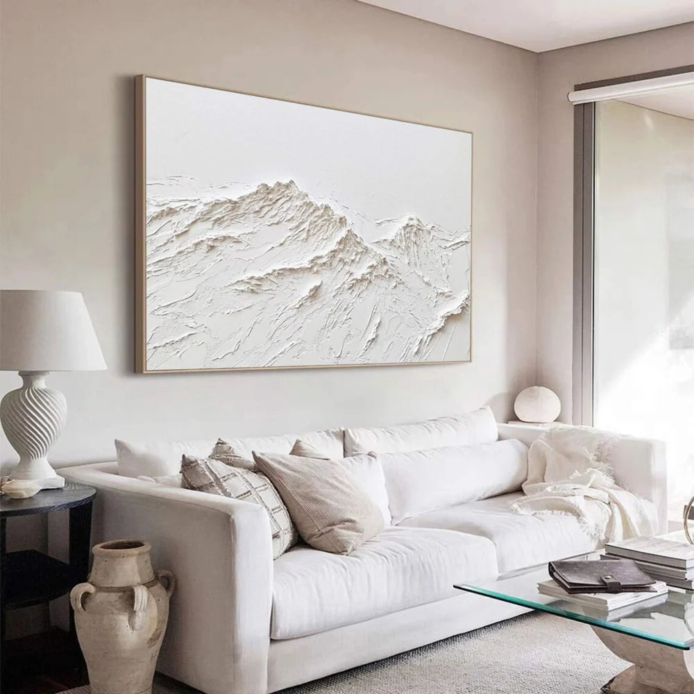 White Minimalist Mountain Textured Canvas Art #BT021