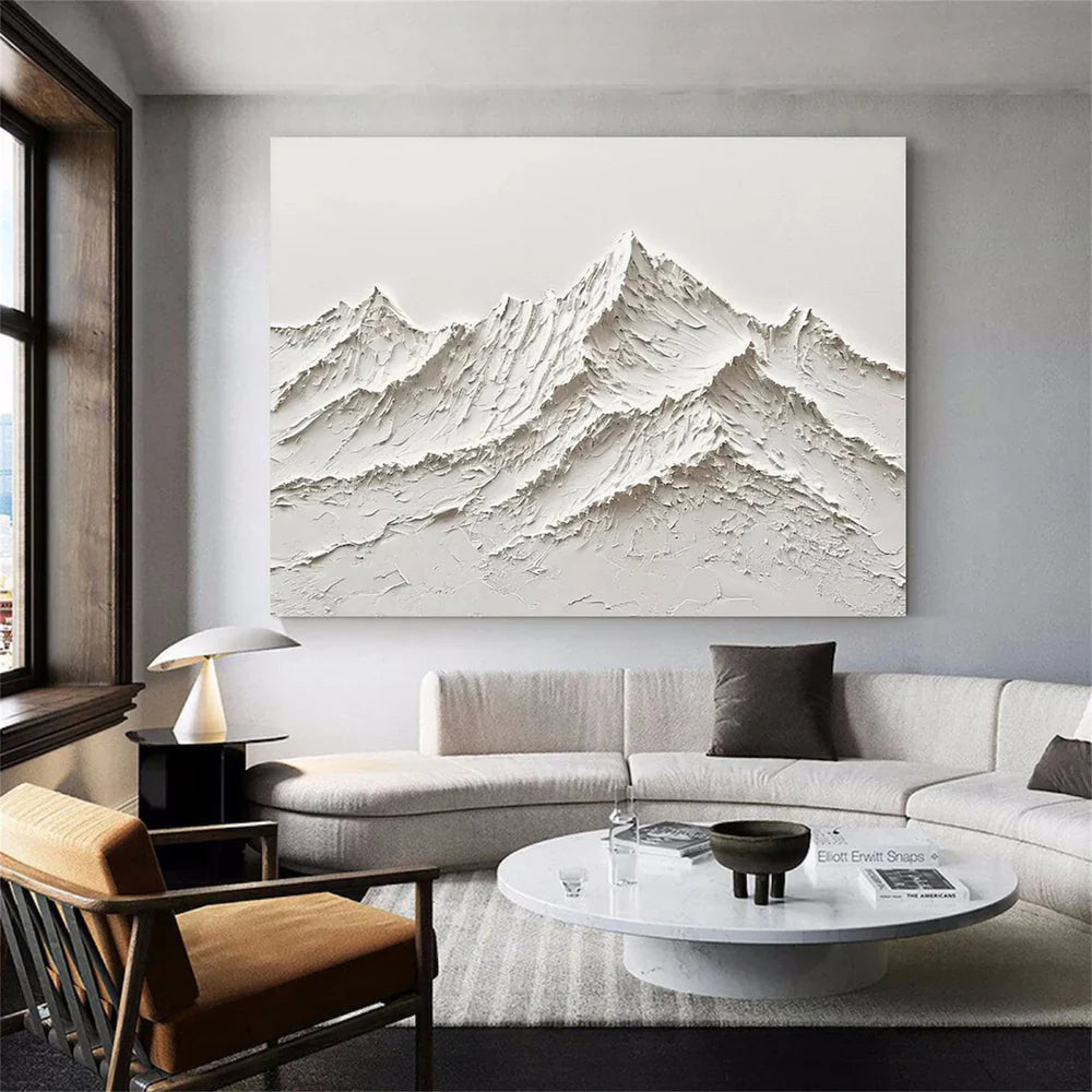 White Minimalist Mountain Textured Canvas Art #BT009