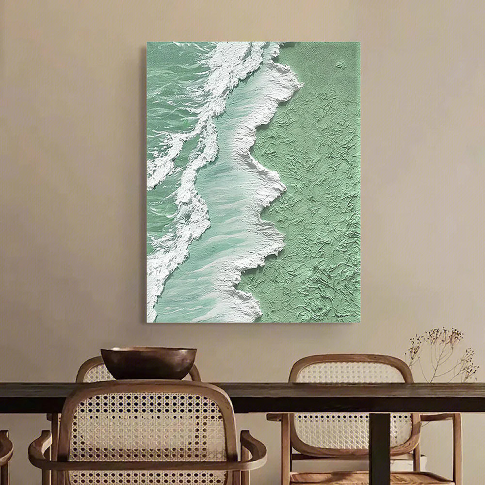 Green & White Minimalist Ocean And Sky Textured Canvas Art #OC033