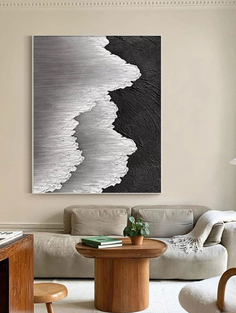 Black & White Minimalist Ocean And Sky Textured Canvas Art #OC043