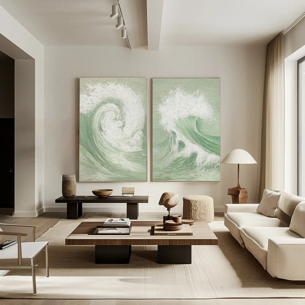White & Green Minimalist Ocean And Sky Textured Set Of 2 Canvas Art #OC053