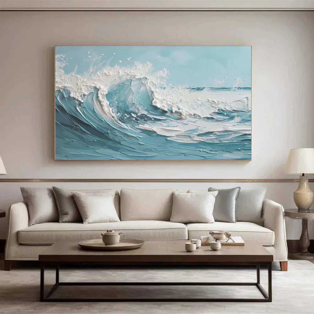 Blue & White Abstract Ocean And Sky Textured Canvas Art #OC071