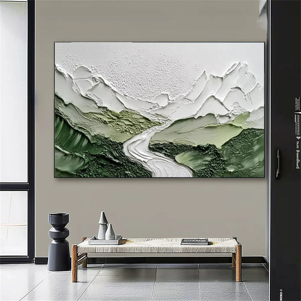 White & Green Abstract Mountain Textured Canvas Art #BT032