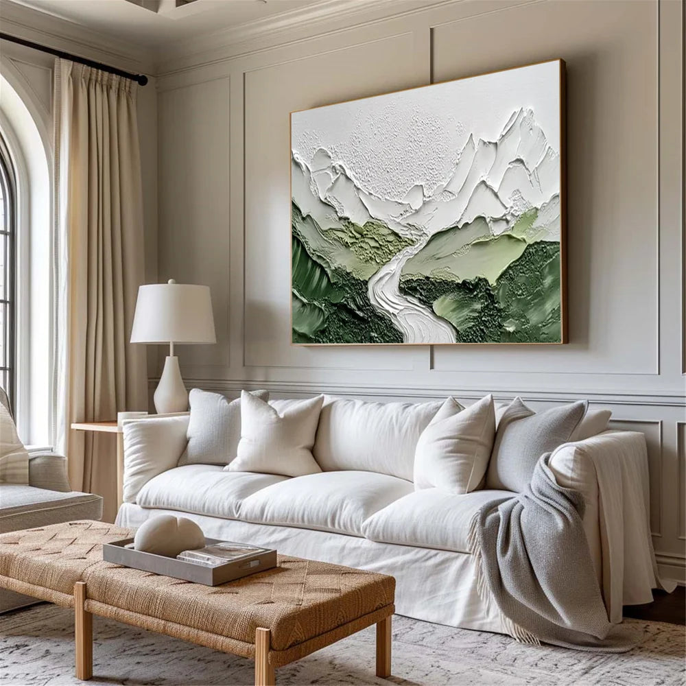 White & Green Abstract Mountain Textured Canvas Art #BT032