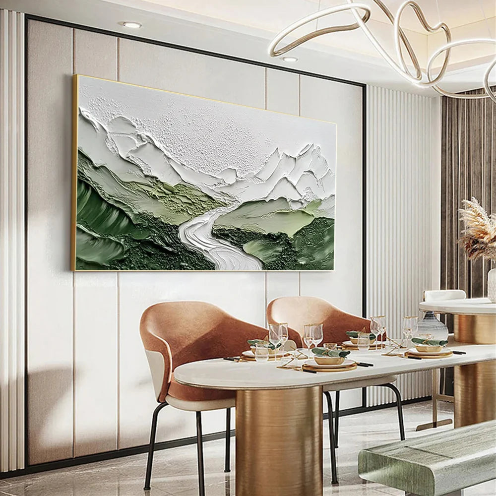 White & Green Abstract Mountain Textured Canvas Art #BT032