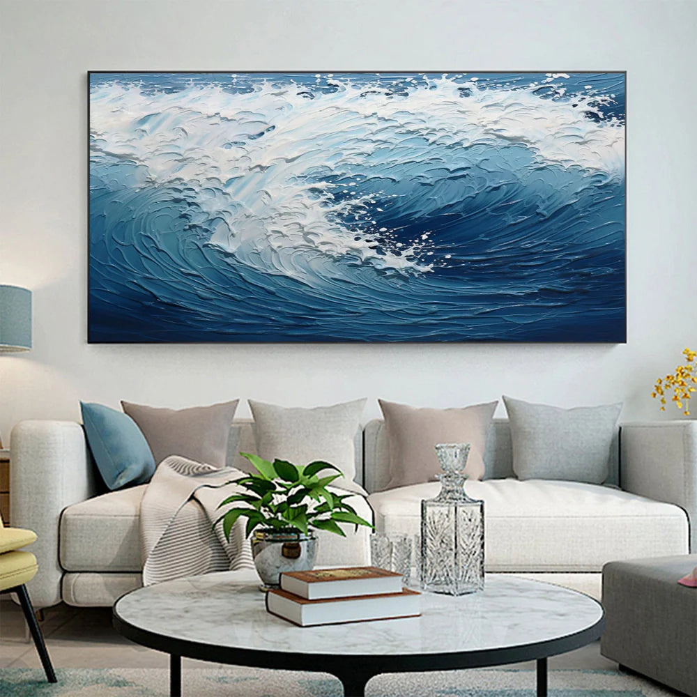 White & Blue Minimalist Ocean And Sky Textured Canvas Art #OC051