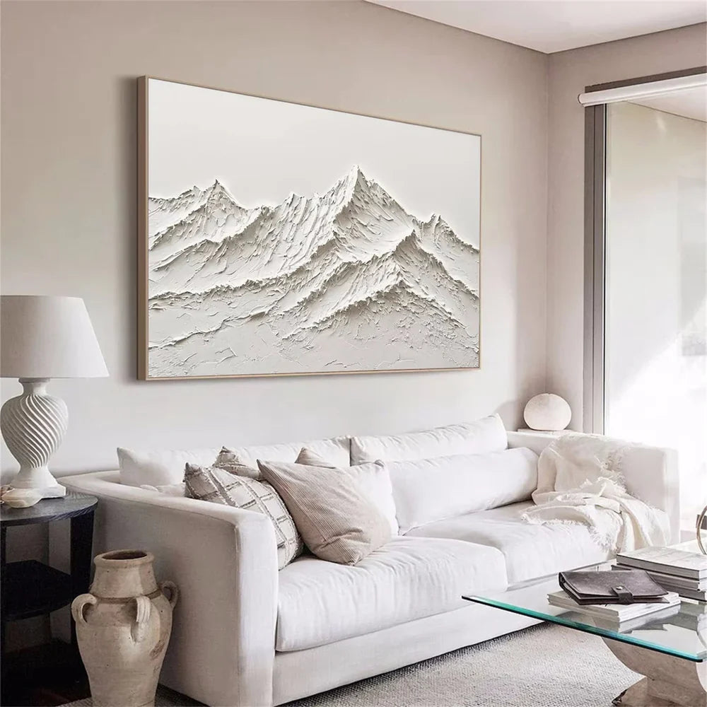 White Minimalist Mountain Textured Canvas Art #BT009