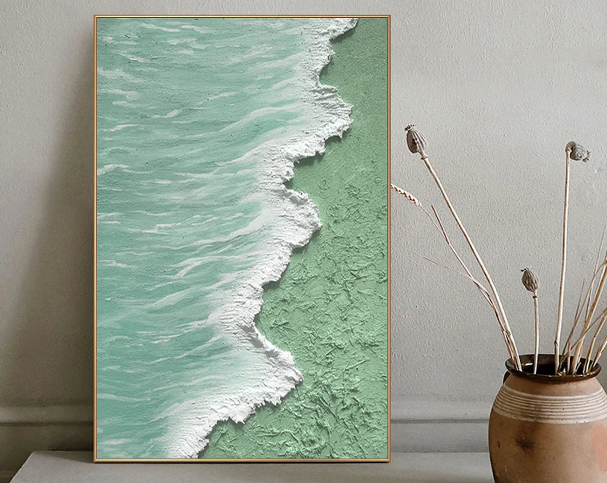 Green & White Minimalist Ocean And Sky Textured Canvas Art #OC044
