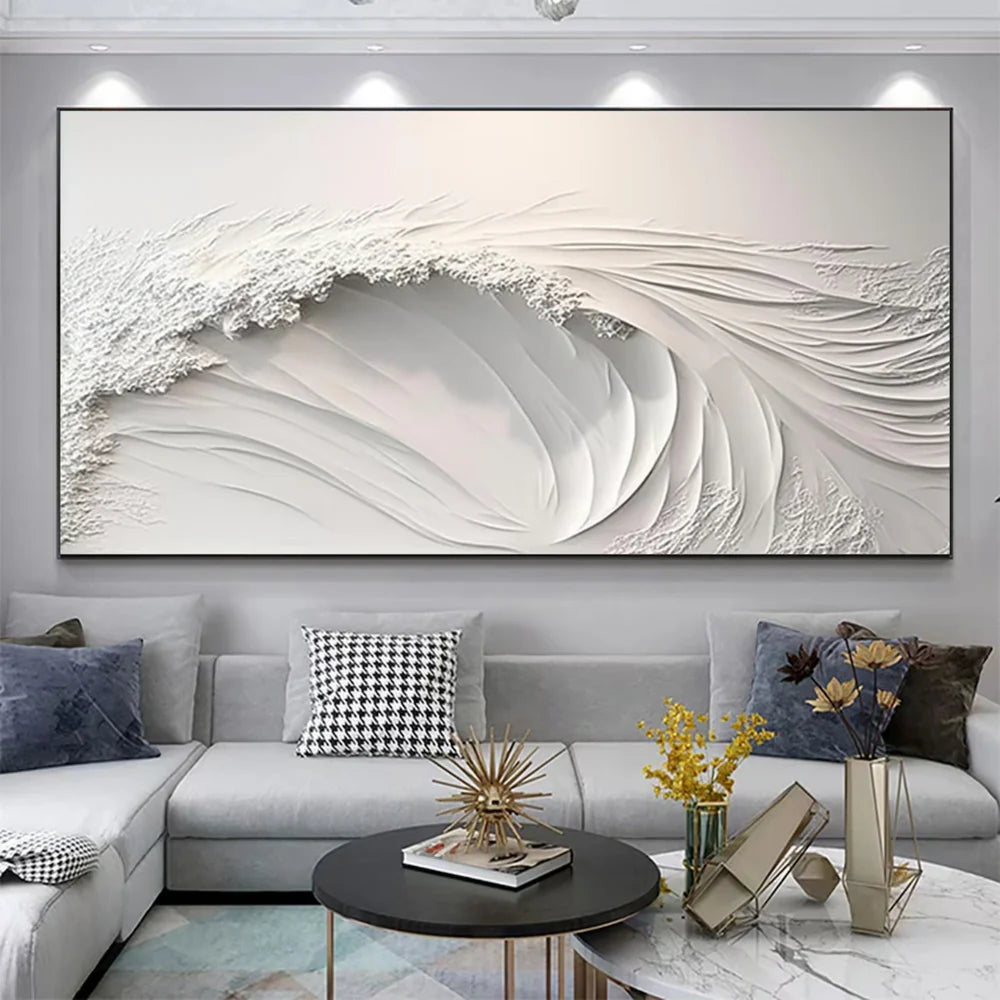 White Minimalist Ocean And Sky Textured Canvas Art #OC007