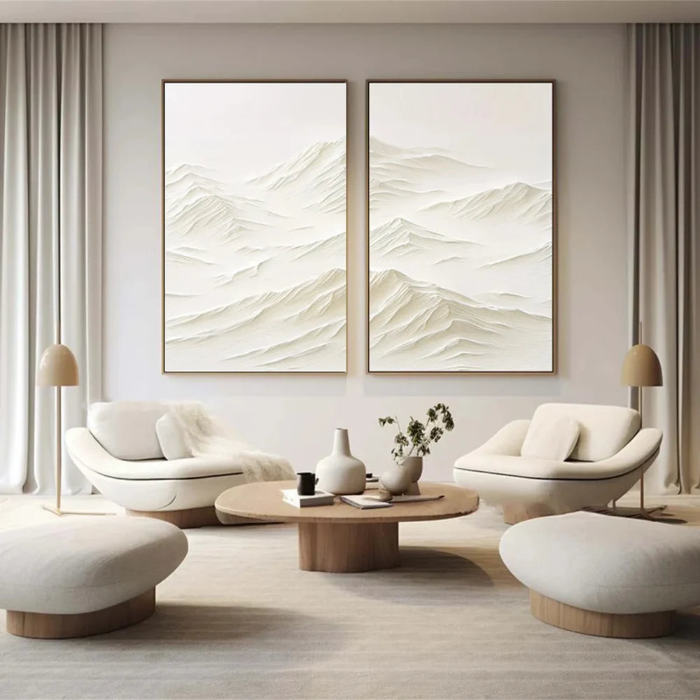 White Minimalist Mountain Textured Canvas Art Set of 2 #BT006